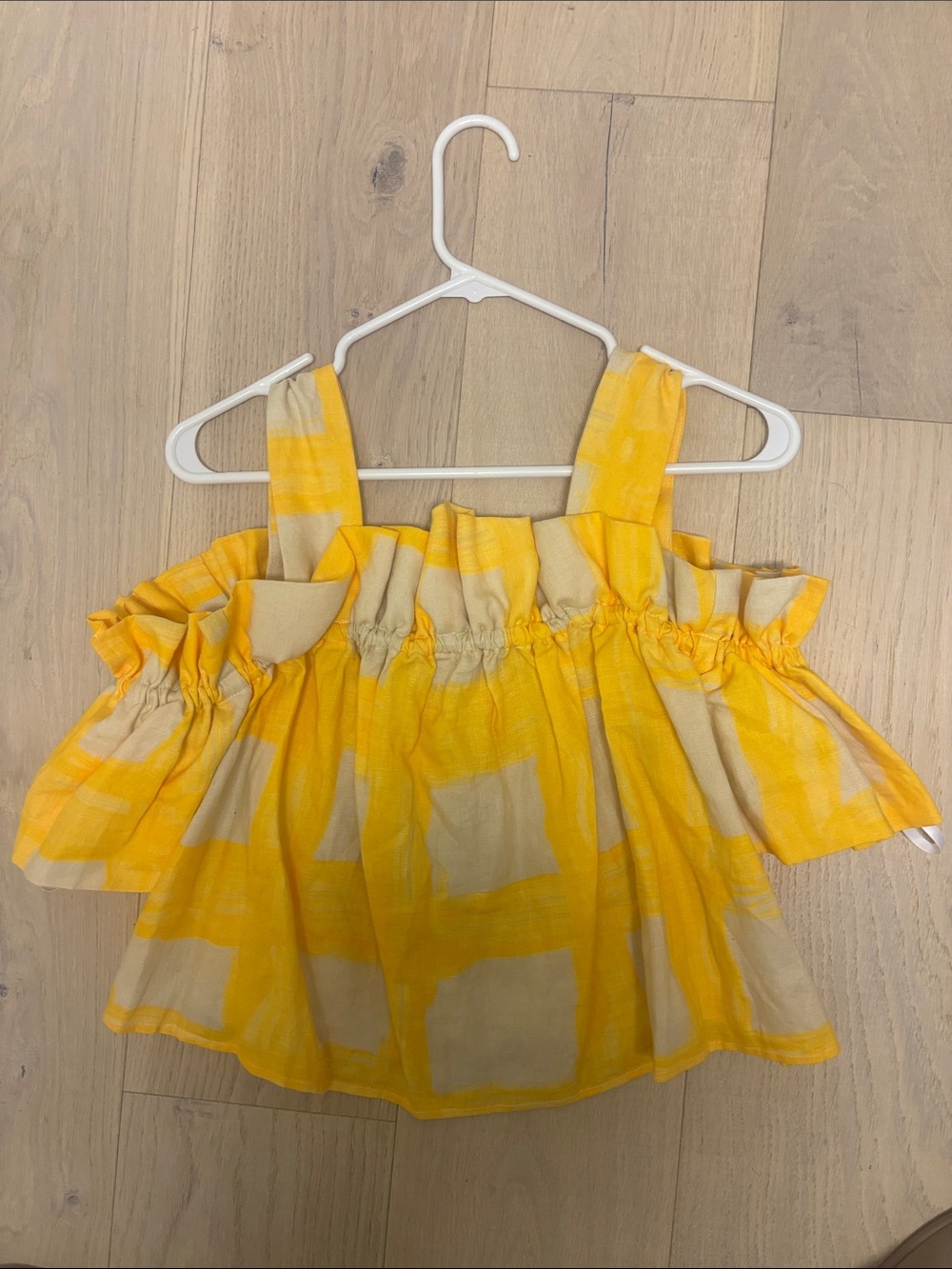 WHIT Yellow & Cream Square-Print Off-Shoulder Crop Top